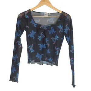 Disney Lilo Stitch Black Mesh Sheer Crop Top Womens Small Medium Cropped Kidcore